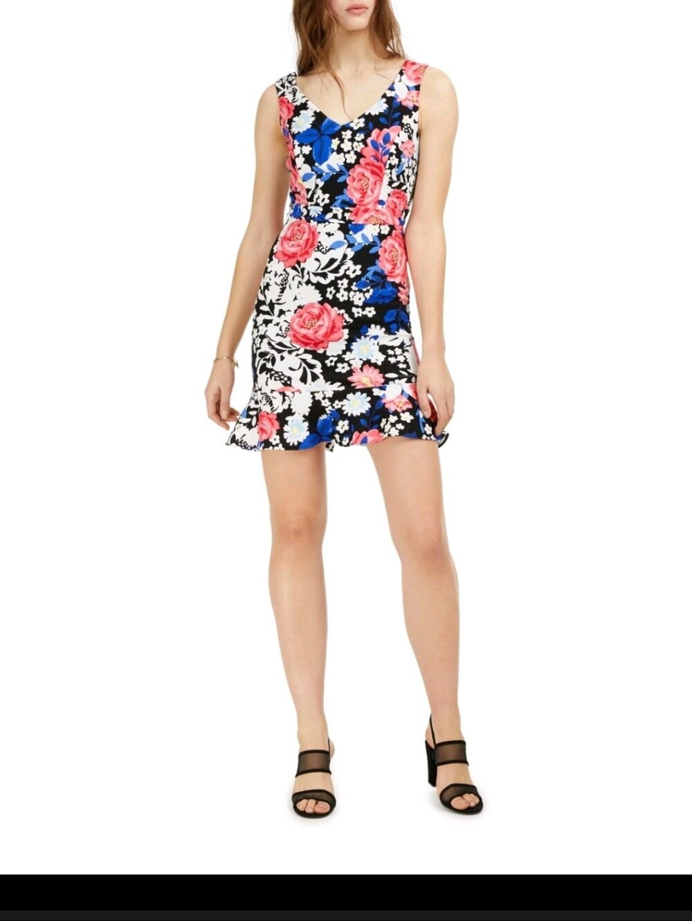 Bar III Floral Sheath Dress Womens Medium Black Pink Blue Sleeveless Cocktail